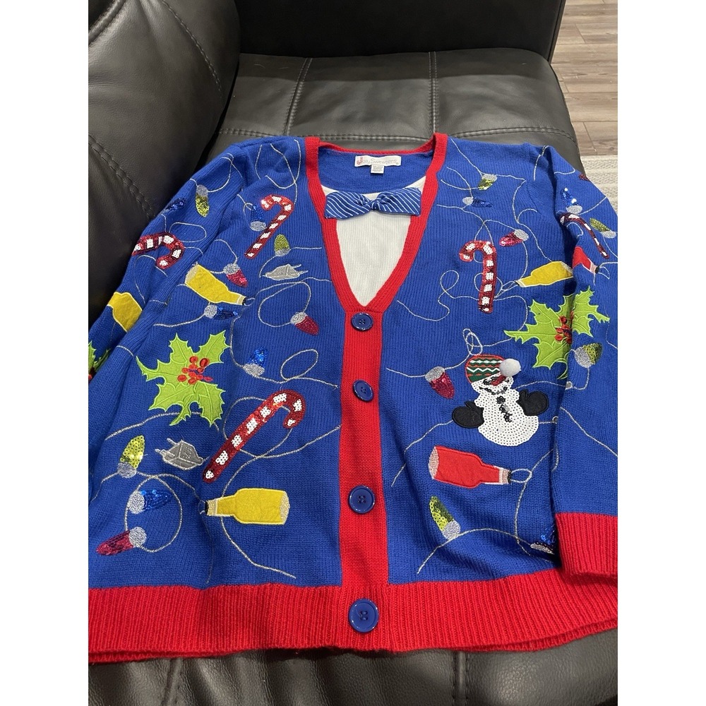 Jolly Sweaters XXL Ugly Christmas Sweater Cardigan With Bow Tie & Sequin Design
